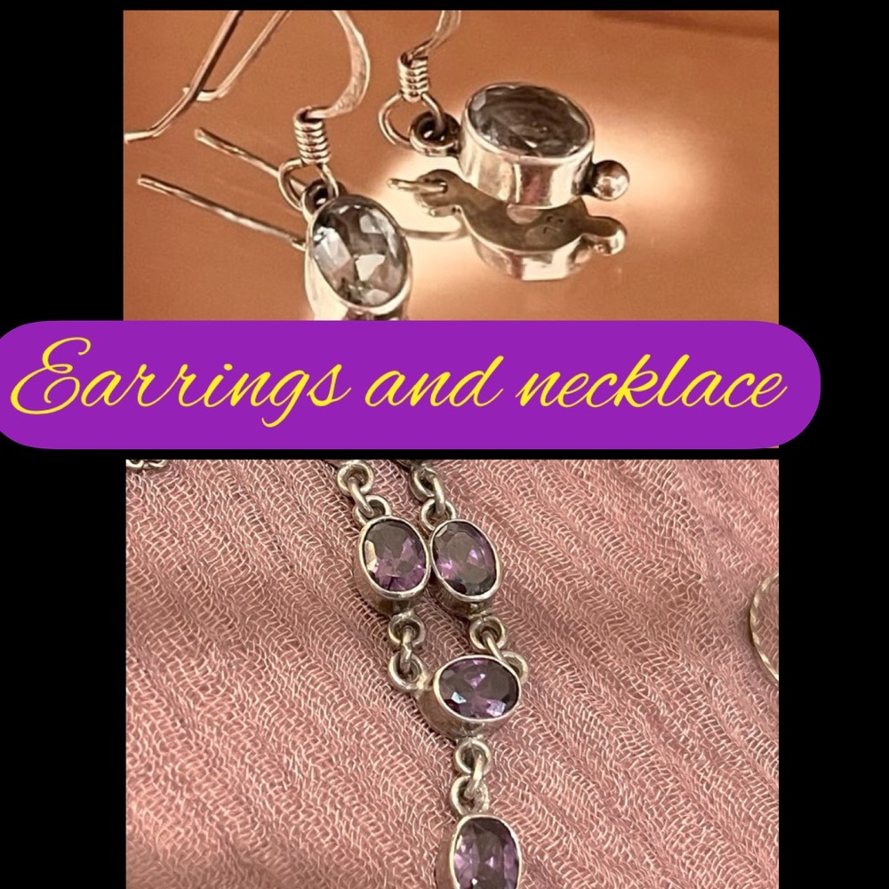 N130 Amethyst Sterling Silver Necklace and amethyst earrings Antique Faceted